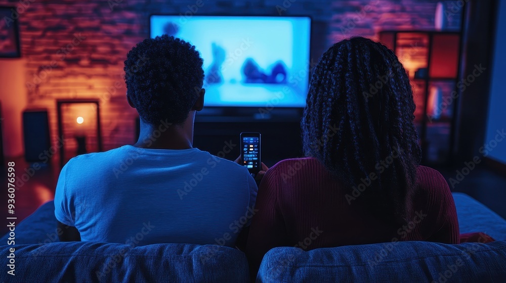 Two friends relax together on a couch, watching a movie in a cozy living room filled with colorful lights at night Two friends relax together on a couch, watching a movie in a cozy living room filled with colorful lights at night