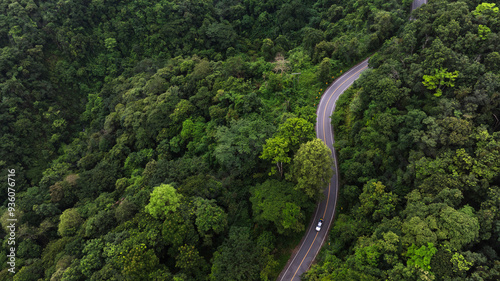 Fototapeta Naklejka Na Ścianę i Meble -  Aerial view of road in the middle of the forest , Top view road curve construction up to mountain, Rainforest ecosystem and healthy environment concept	
