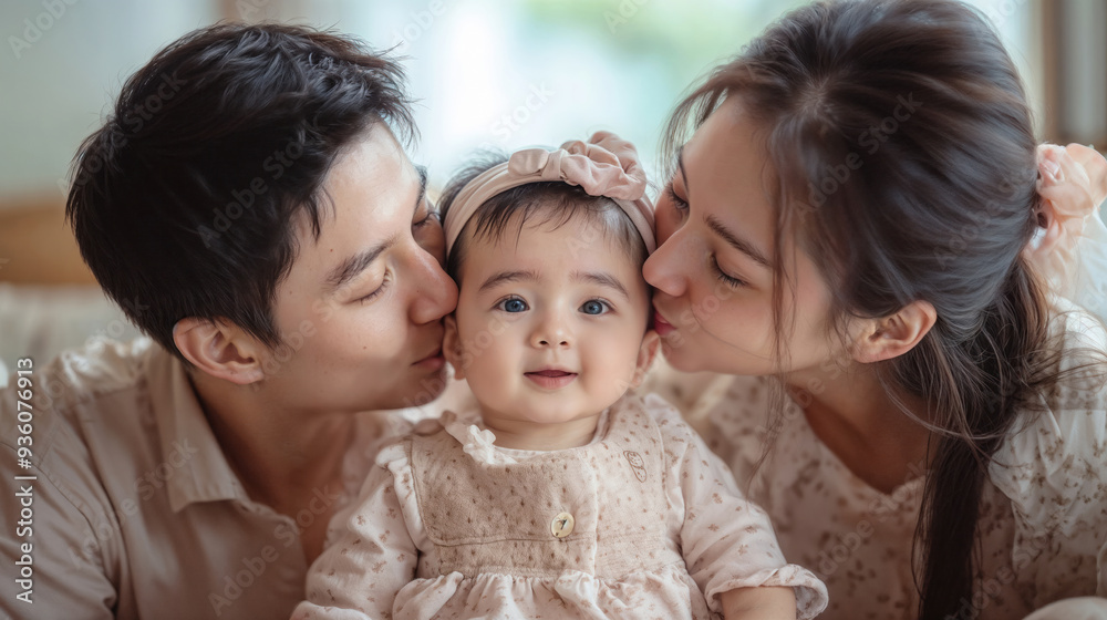 Korean Parents Kissing Their Children's Cheeks in the Living Room Korean Parents Kissing Their Children's Cheeks in the Living Room