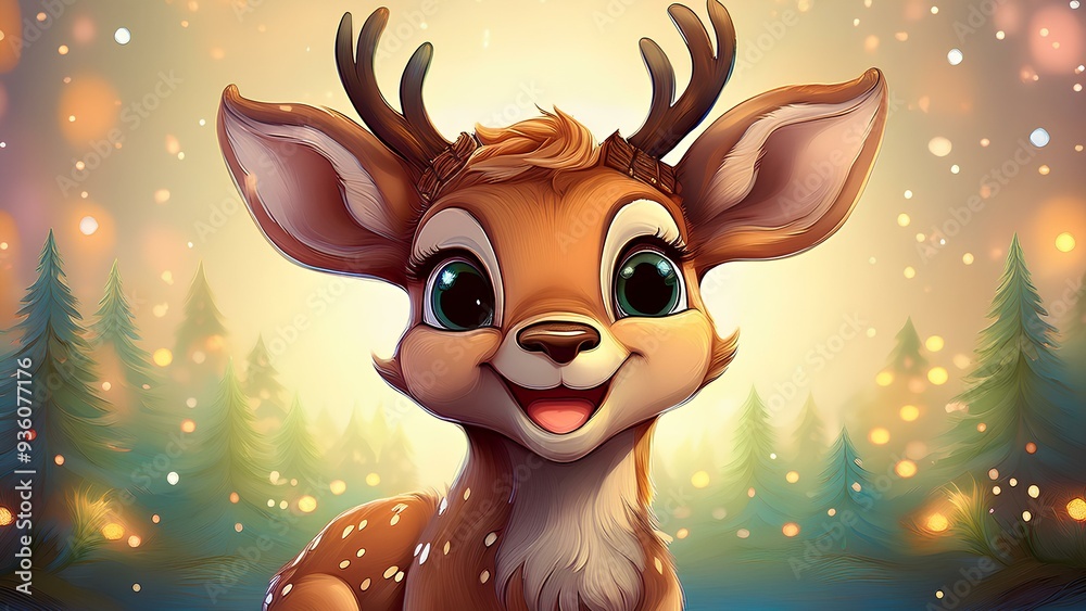 Cartoon deer in fashion clothes, children's card, poster. Happy cute deer, cartoon illustration.