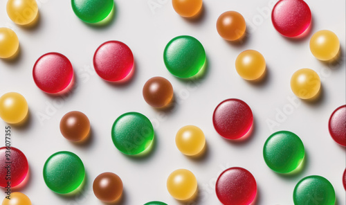 A variety of brightly colored candies are arranged in rows on a white surface