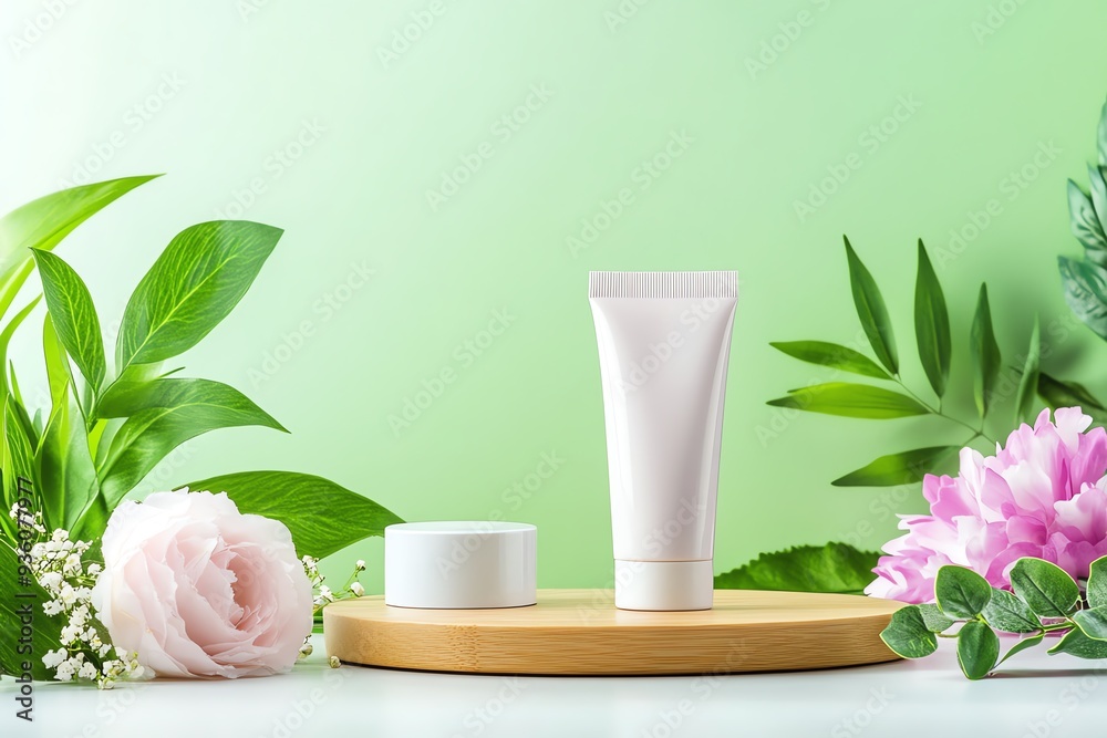 Elegant skincare display with cream tube, jar, and fresh flowers on a wooden tray against a green backdrop. Elegant skincare display with cream tube, jar, and fresh flowers on a wooden tray against a green backdrop.