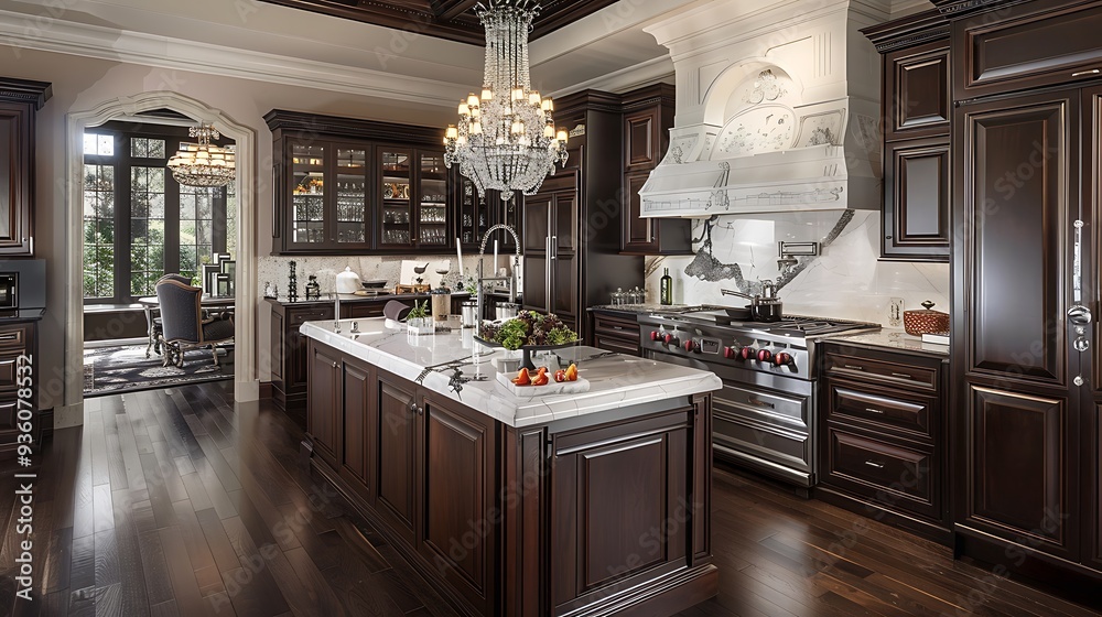 Elegant luxury kitchen with quartz waterfall island and dark wood ...