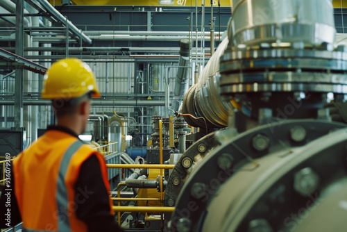 Inside an industrial plant, a worker in high-visibility clothing surveys an array of shiny metal pipes and machinery.