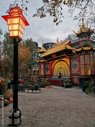 Tivoli park: view of the Pantomimeteatret theatre with a streetlamp photo