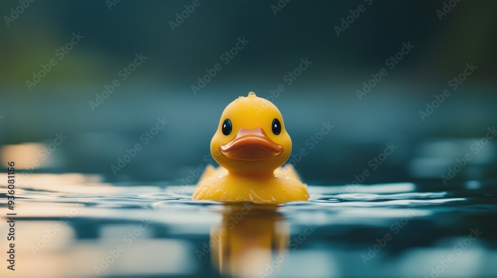 Yellow rubber duck floating on calm water close-up view. Yellow rubber duck floating on calm water close-up view.