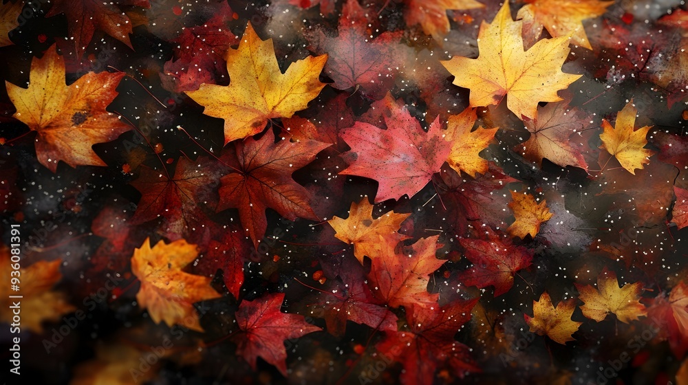 Autumnal Maple Leaves Curling and Twisting in Muted Pointillist Tones Autumnal Maple Leaves Curling and Twisting in Muted Pointillist Tones