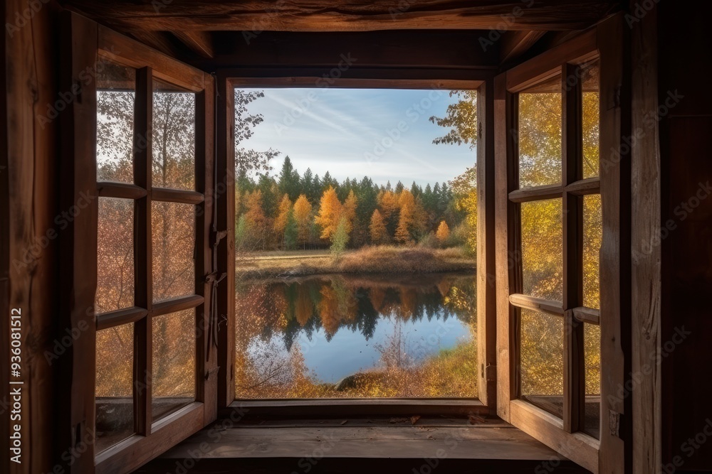 Open Window Overlooking Autumn Trees and Serene Lake Open Window Overlooking Autumn Trees and Serene Lake
