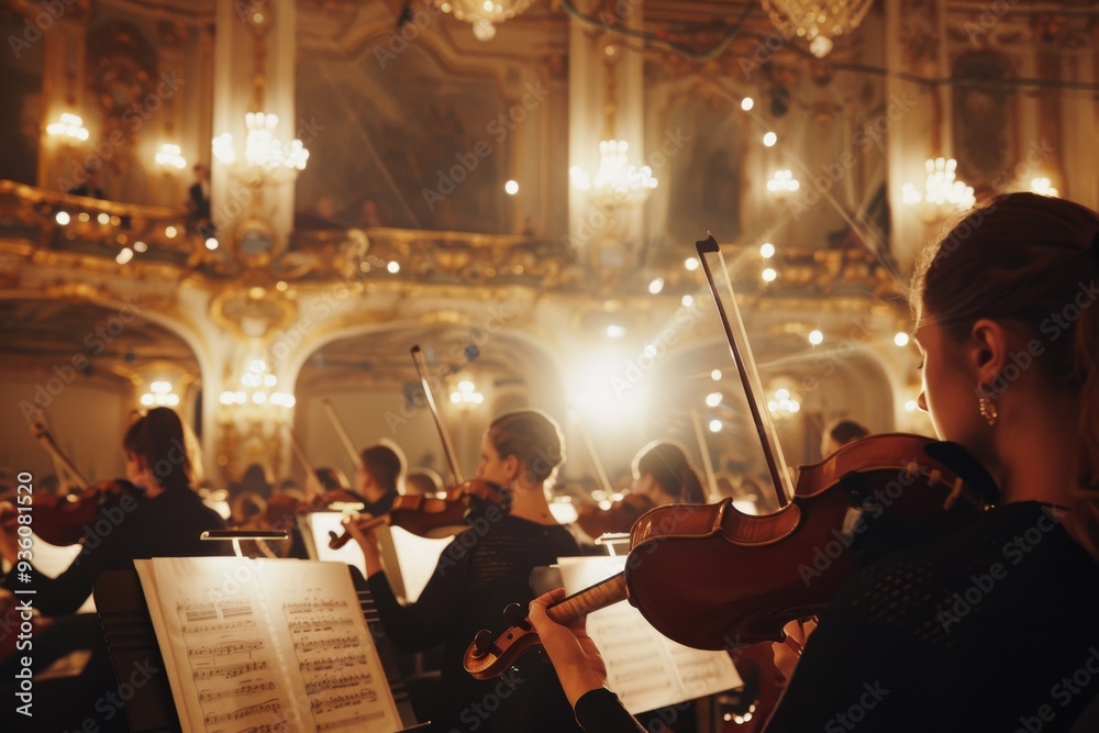 Fototapeta premium A grandiose orchestral performance under ornate chandeliers, musicians playing passionately amidst warm, golden lighting.