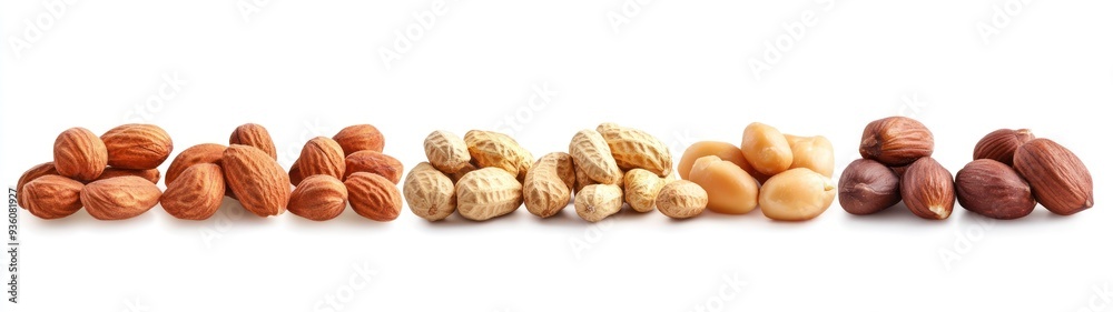 Assorted Nuts in a Row on White Background Assorted Nuts in a Row on White Background