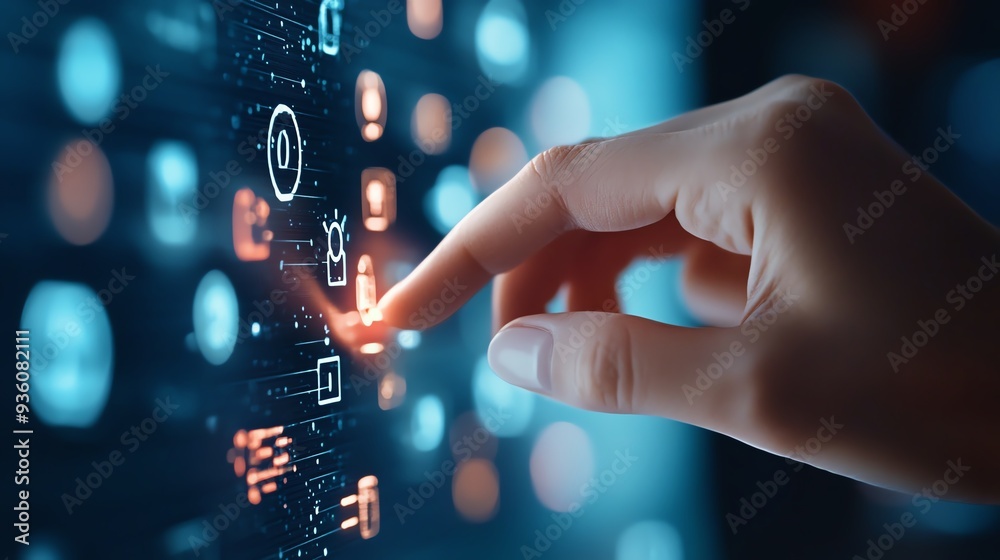 A close-up of a hand interacting with digital icons on a futuristic touchscreen interface, representing technology and innovation. A close-up of a hand interacting with digital icons on a futuristic touchscreen interface, representing technology and innovation.