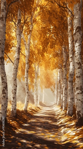Autumnal Birch Canopy Sways in Ethereal Mist Shrouded Glen with Palette Knife Chiaroscuro Lighting