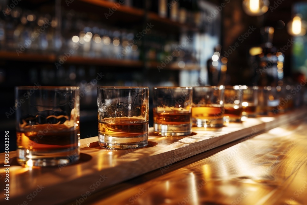 A row of whiskey glasses filled to varying levels, arranged on a bar counter in a cozy, dimly lit setting, perfect for an evening of tasting and relaxation. A row of whiskey glasses filled to varying levels, arranged on a bar counter in a cozy, dimly lit setting, perfect for an evening of tasting and relaxation.