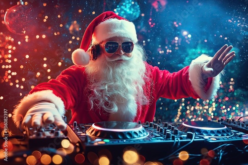 Santa Claus DJ playing music on a turntable at a lively party. The concept blends the joy of holiday celebrations with modern music culture. Generative AI.