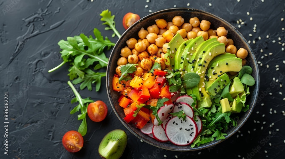 Buddha bowl with chickpeas, avocado, and colorful vegetables on a dark textured table Buddha bowl with chickpeas, avocado, and colorful vegetables on a dark textured table
