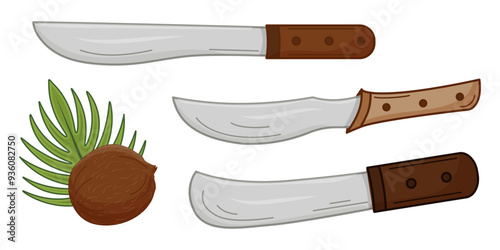 Different types of machetes, coconut and palm leaf. Vector Illustration of a farming tool for splitting a coconut. A sharp, long, wide knife. Design element for decoration. photo