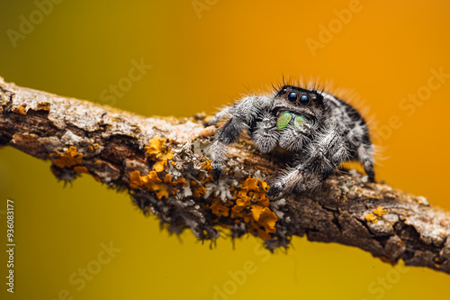 Jumping Spider (Phidippus regius) Resting on a Branch, Close-Up Shot