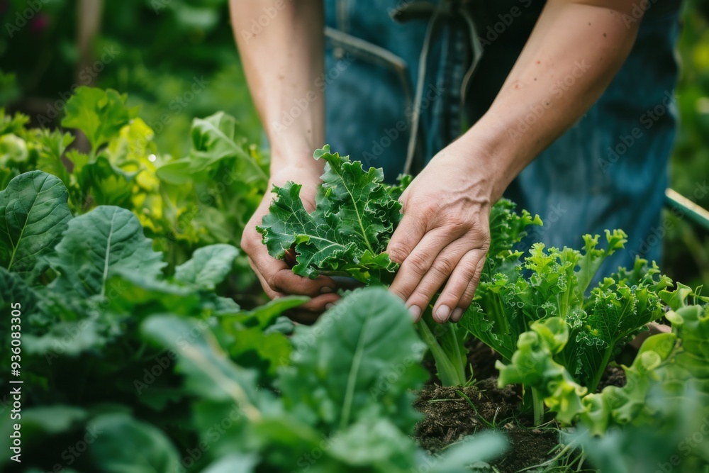 Hands tenderly harvest leafy greens from a vibrant garden, embodying care and connection with nature's bounty.