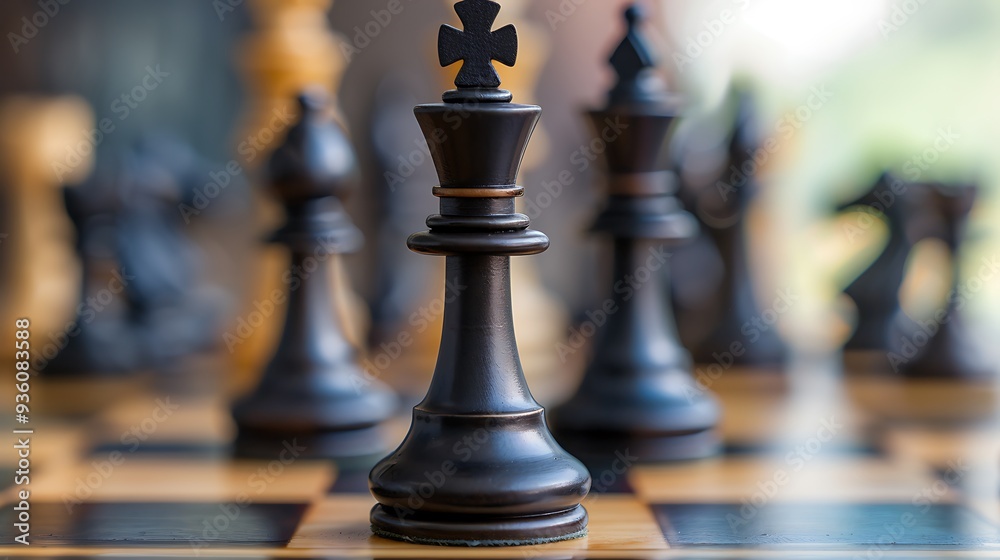 Close-up of Black Chess King among other figures on chessboard Close-up of Black Chess King among other figures on chessboard