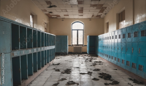 A row of blue lockers line a hallway in an abandoned building photo