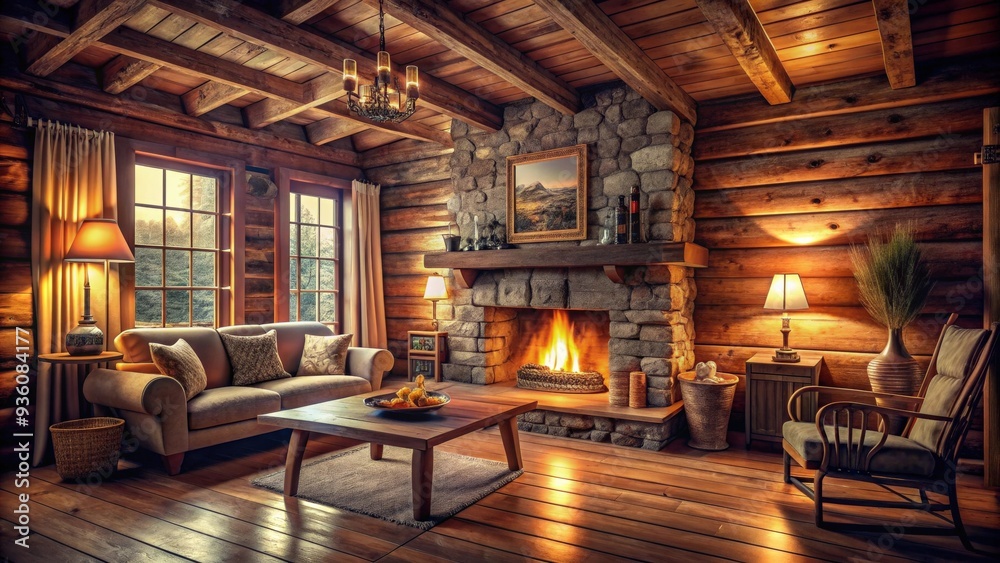 Rustic wooden interior of cozy cabin with fireplace and warm lighting Rustic wooden interior of cozy cabin with fireplace and warm lighting