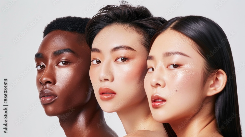 Three individuals stand close together, each highlighting unique beauty through flawless skin and subtle makeup, conveying a message of diversity and harmony in a chic studio Three individuals stand close together, each highlighting unique beauty through flawless skin and subtle makeup, conveying a message of diversity and harmony in a chic studio