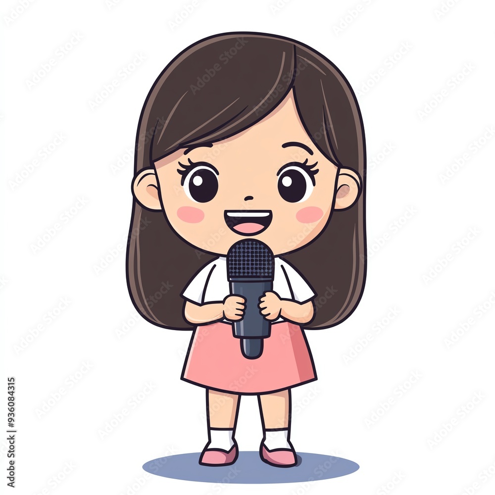 A cheerful young girl with a microphone, ready to sing and express herself. Perfect for creative projects and children's themes. A cheerful young girl with a microphone, ready to sing and express herself. Perfect for creative projects and children's themes.