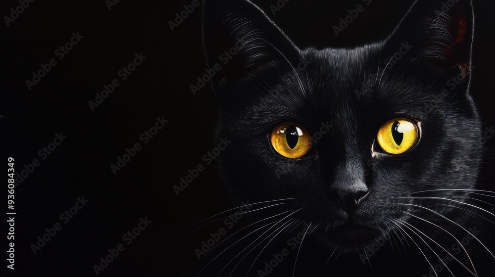 Portrait of a Black Cat with Intense Yellow Eyes on Black Background