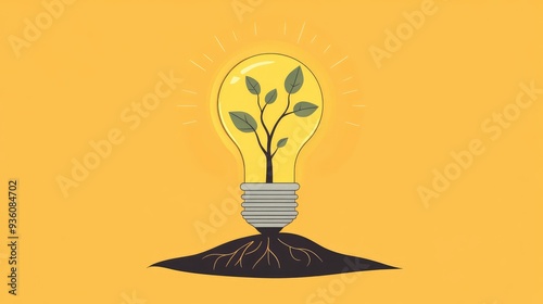 Bright light bulb with roots, ideas taking root and growing, flat design illustration