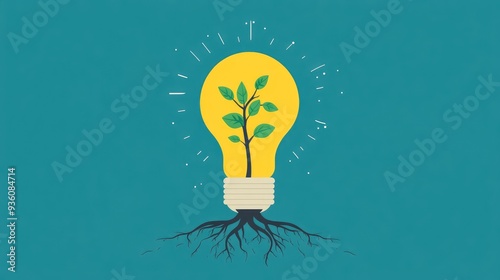 Bright light bulb with roots, ideas taking root and growing, flat design illustration