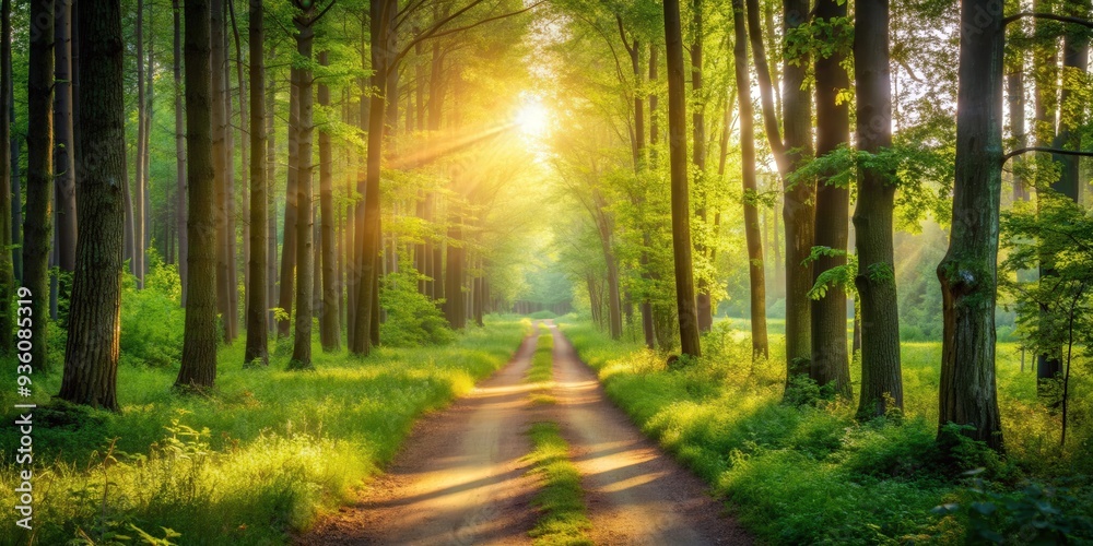 Obraz premium A serene forest path illuminated by sunlight