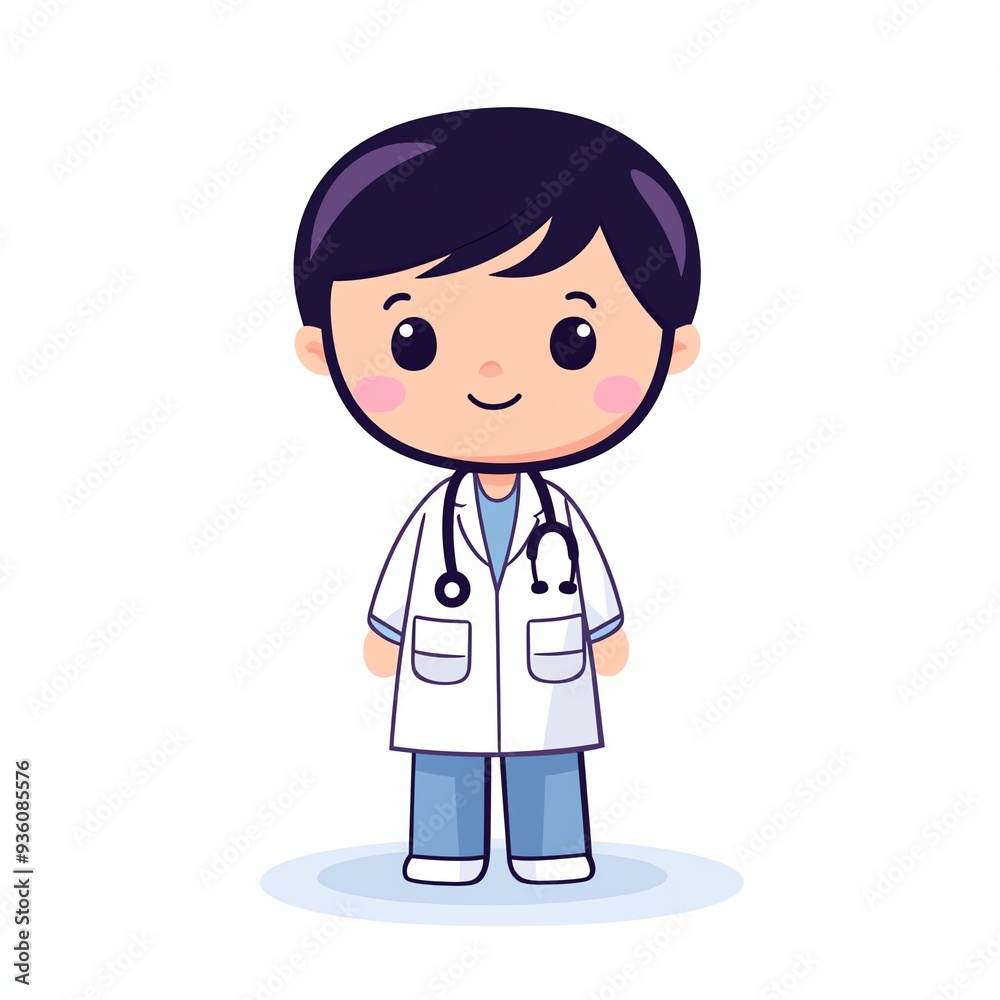 Cute cartoon character of a young doctor in a white coat and stethoscope, perfect for medical and healthcare illustrations. Cute cartoon character of a young doctor in a white coat and stethoscope, perfect for medical and healthcare illustrations.