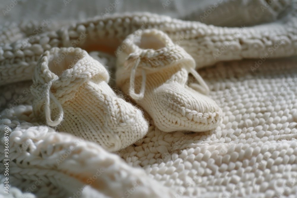 Fototapeta premium Soft, knitted baby booties nestled in a cozy blanket, symbolizing warmth, care, and new beginnings.