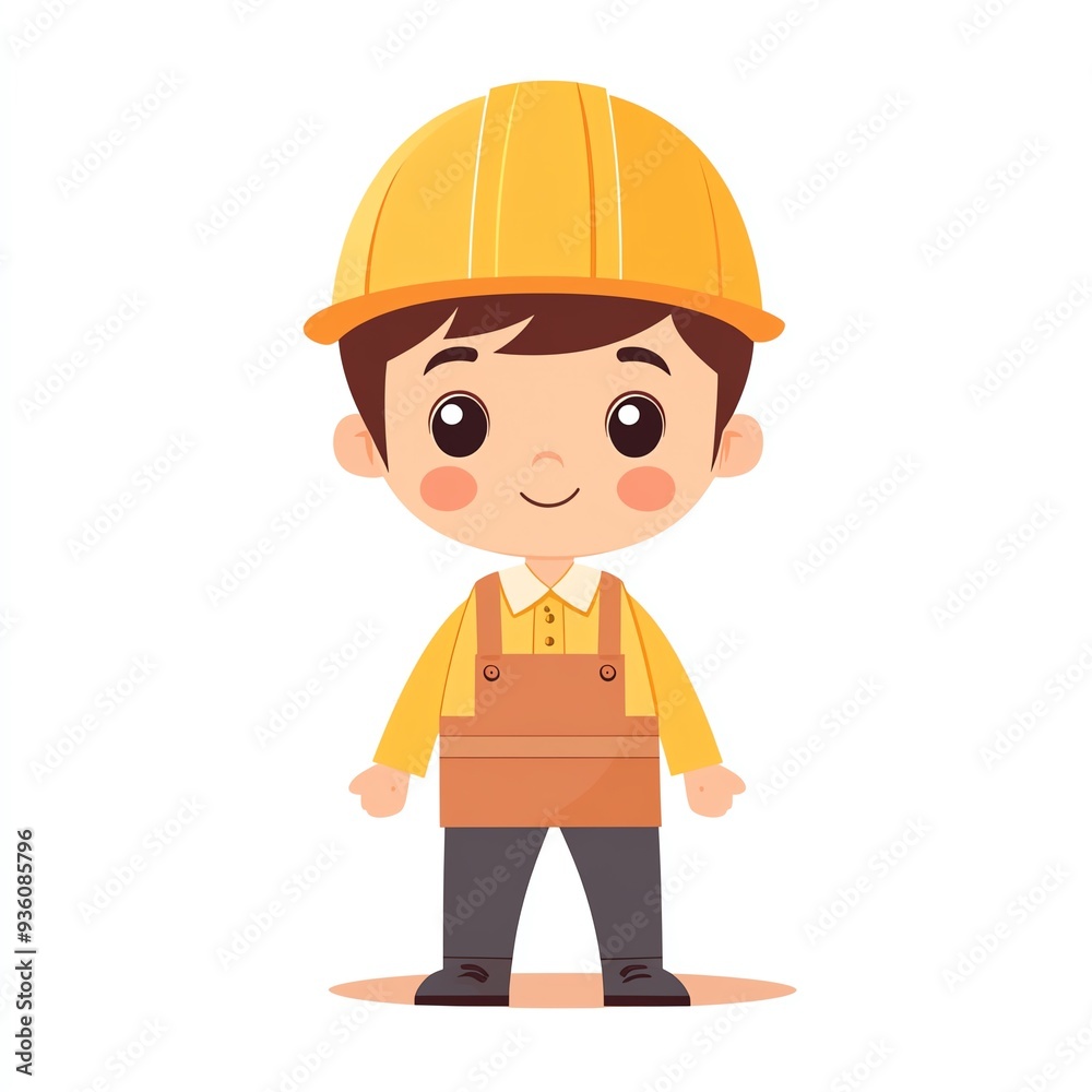 A cheerful young boy dressed in a construction outfit, wearing a yellow hard hat and smiling brightly. Perfect for children's projects. A cheerful young boy dressed in a construction outfit, wearing a yellow hard hat and smiling brightly. Perfect for children's projects.