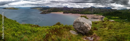 Rural Landscape With View Over Gruinard Bay And Beach To Gruinard Island At The Coast Of The Highlands In Scotland, UK