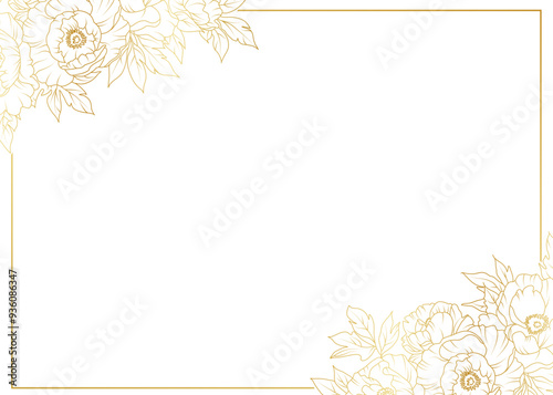 Luxury gold peony flowers border frame background. Floral pattern tropical in line art style for greeting, invitation, wedding card, wall art, wallpaper and print. Vector illustration