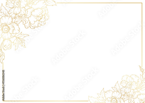 Luxury gold peony flowers border frame background. Floral pattern tropical in line art style for greeting, invitation, wedding card, wall art, wallpaper and print. Vector illustration