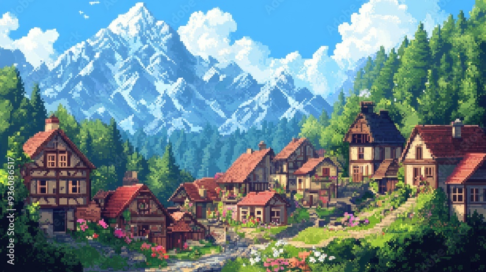 A charming pixel art village surrounded by majestic mountains, rendered in vibrant colors and detailed landscapes, creating a serene setting. A charming pixel art village surrounded by majestic mountains, rendered in vibrant colors and detailed landscapes, creating a serene setting.
