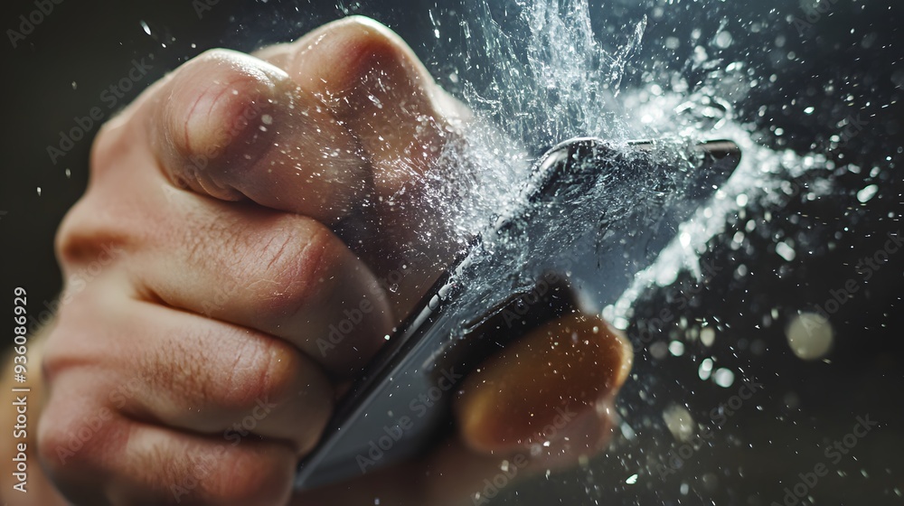 Fototapeta premium Hand Smashing a Phone: A hand smashing a smartphone, with the screen cracking and breaking.