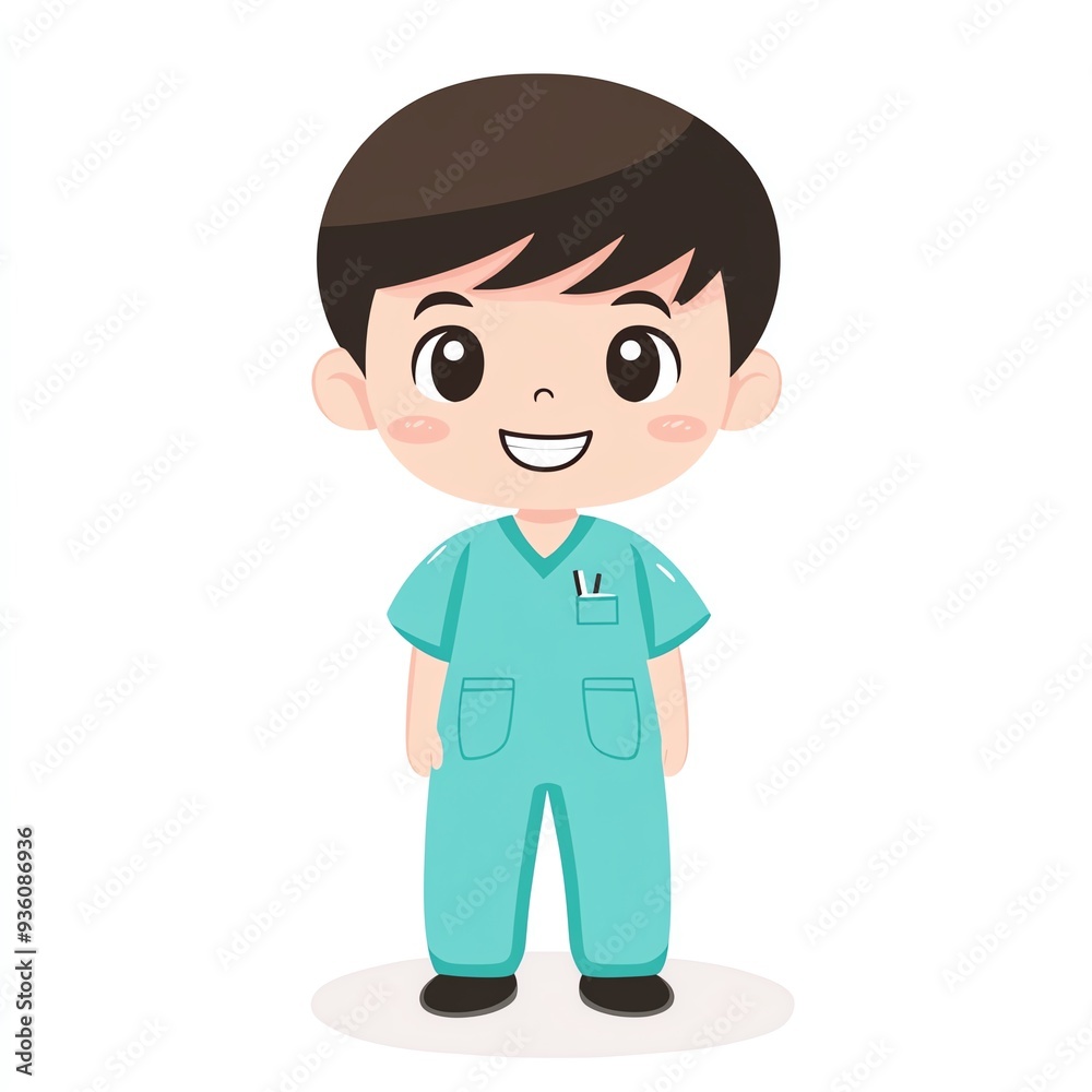 A cheerful cartoon boy in a teal medical uniform, representing care, health, and professionalism in a playful style. A cheerful cartoon boy in a teal medical uniform, representing care, health, and professionalism in a playful style.