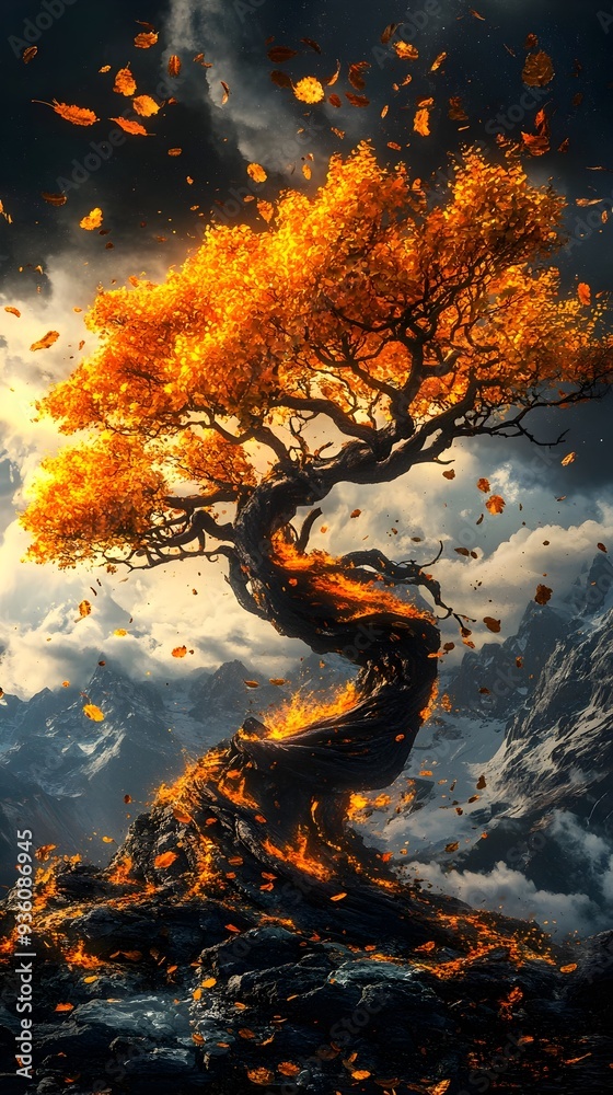 Dramatic Autumn Landscape with Fiery Wind Swept Tree and Stormy Mountain Backdrop Dramatic Autumn Landscape with Fiery Wind Swept Tree and Stormy Mountain Backdrop