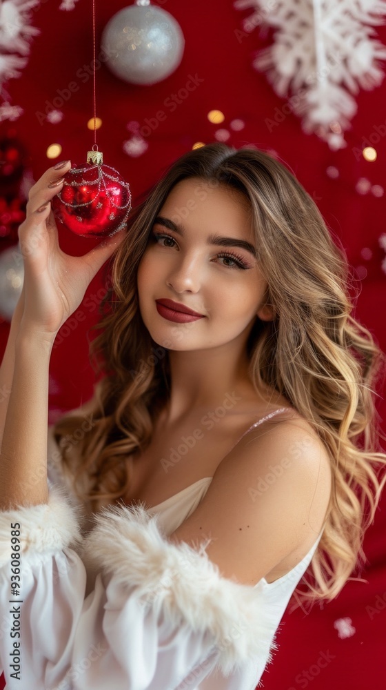 A joyful woman dressed in a Santa Claus outfit gracefully holds a sparkling ornament, surrounded by festive decorations and warm holiday lights