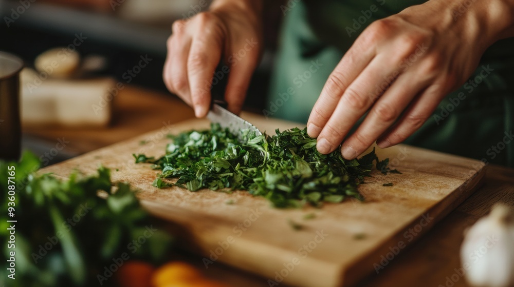 Close-Up of Hands Chopping Fresh Herbs on Wooden Board
Close-Up of Hands Chopping Fresh Herbs on Wooden Board