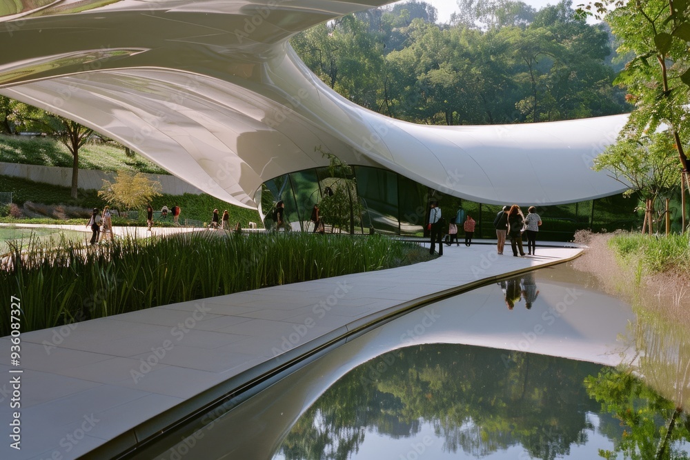 A modern architectural marvel with flowing lines and an elegant pond, reflecting the lush greenery and creating a harmonious blend between the structure and nature. A modern architectural marvel with flowing lines and an elegant pond, reflecting the lush greenery and creating a harmonious blend between the structure and nature.
