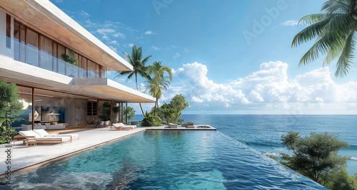 An architectural rendering of the exterior view across an infinity pool of a modern mansion on beachfront with white walls and large glass windows overlooking the coastal ocean