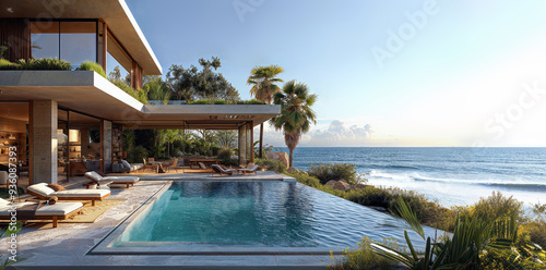 An architectural rendering of the exterior view across an infinity pool of a modern mansion on beachfront with white walls and large glass windows overlooking the coastal ocean