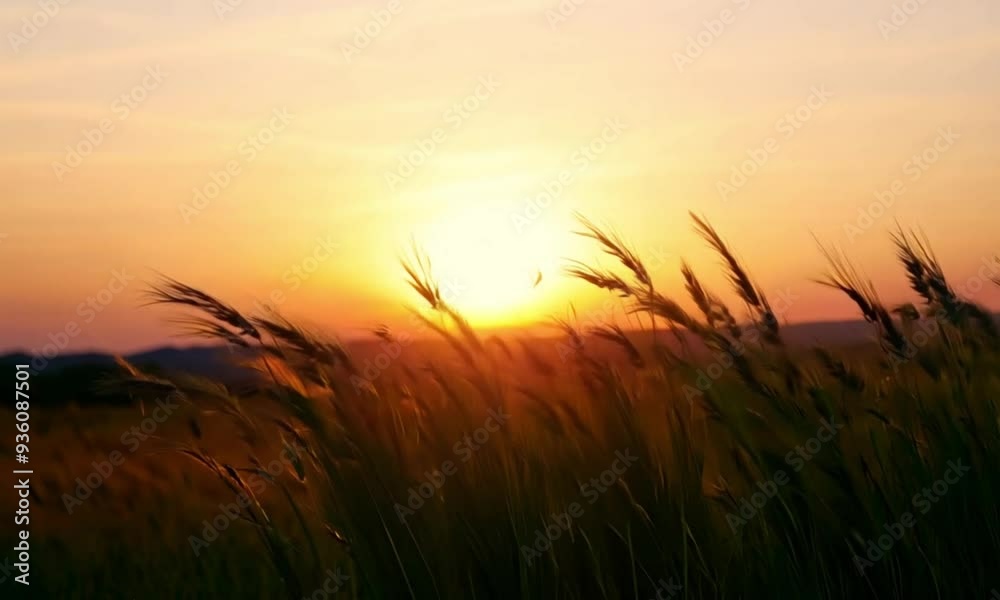 Tranquil 3d landscape at sunset with swaying tall grass Tranquil 3d landscape at sunset with swaying tall grass