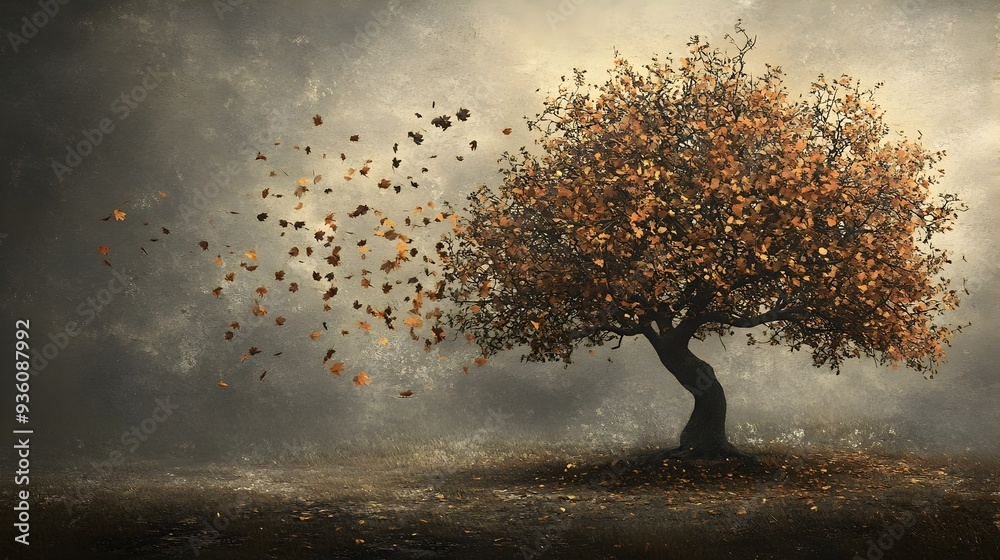 Melancholic Autumn Tree Decay in Muted Vintage Aesthetic 3D