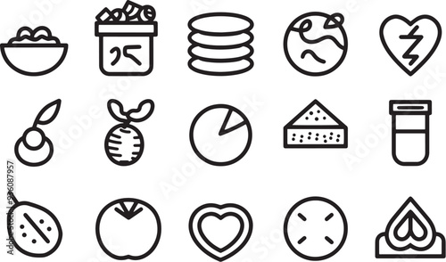 A clean vector icon set including a daily calorie intake, food allergies, sugar intake, and nutritional goals