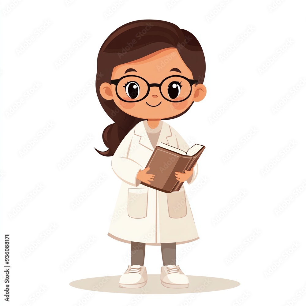 A cheerful girl in a lab coat holding a book, representing curiosity and knowledge in science and education. A cheerful girl in a lab coat holding a book, representing curiosity and knowledge in science and education.